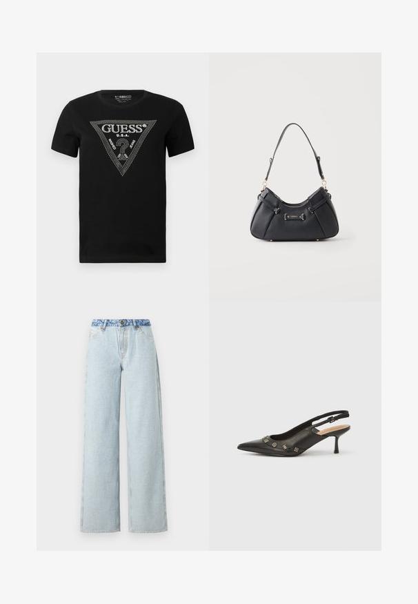 Schwarzes Baumwoll-T-Shirt mit einem Strass-Dreieck-Design und dem Text "GUESS" und "U.S.A.", Rundhalsausschnitt und kurzen Ärmeln.; Hellblaue Schlagjeans mit einer ausgewaschenen Optik, ausgestattet mit einem kontrastierenden blauen Denim-Bund und dem klassischen Fünf-Taschen-Design.; Schwarzer Leder-Pumps mit Slingback, spitzer Spitze, kleinem Absatz und dekorativen metallischen Akzenten entlang der vorderen Öffnung. Glatte Textur.; Schwarze Leder-Schultertasche mit goldfarbenen Beschlägen und Guess-Logo, mit einem einzelnen Trageriemen und Reißverschluss oben.