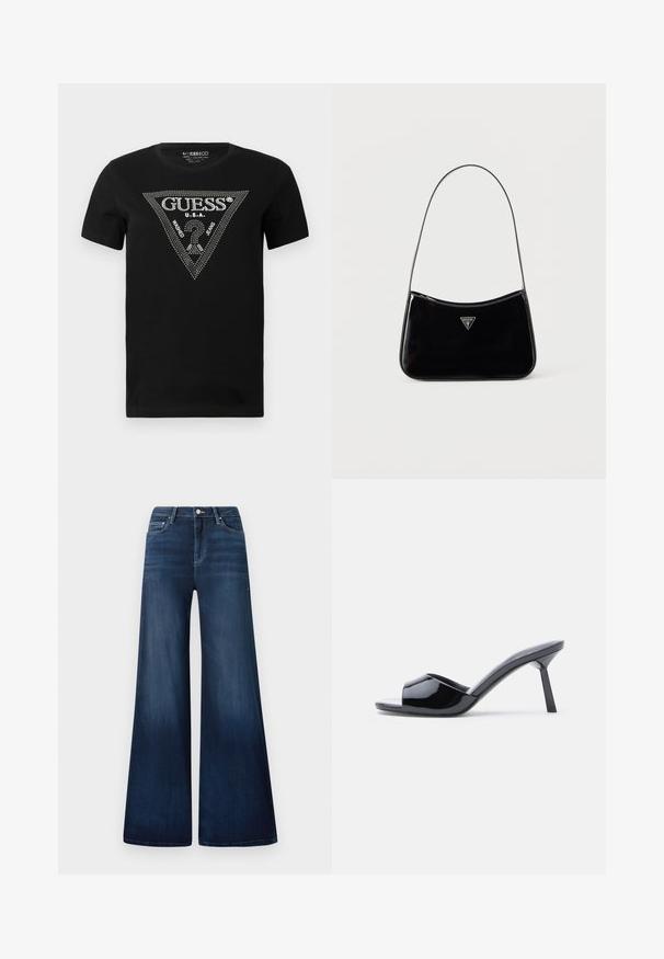 Camiseta de algodón negra con un diseño en forma de triángulo de cristal con el texto "GUESS" y "U.S.A.", cuello redondo y mangas cortas.; Vaqueros de pierna ancha azul oscuro con una cintura alta, hechos de denim, con un ligero desgaste, bolsillos delanteros y un cierre de botón clásico.; Sandalias de tacón con punta abierta de charol negro, con un diseño superior curvado y tacón de aguja cónico. Acabado liso y brillante.; Bolso de hombro de charol negro con correa delgada, logotipo triangular de Guess en el frente y cierre superior con cremallera.