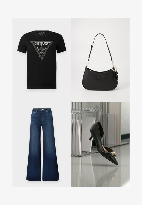 Sort bomulds t-shirt med et rhinestone trekantdesign med "GUESS" og "U.S.A." tekst, rund hals og korte ærmer.; Mørkeblå wide-leg jeans med høj talje, lavet af denim, med subtil falmning, forlommer og en klassisk knaplukning.; Sort kitten heel-sko med spids tå og guldemblem på tåen, vist midt i luften mod en reflekterende overflade og metalreol som baggrund.; Sort syntetisk håndtaske med en buet form, guldfarvet hardware og et trekantet logo. Har lynlås lukning og en justerbar rem.