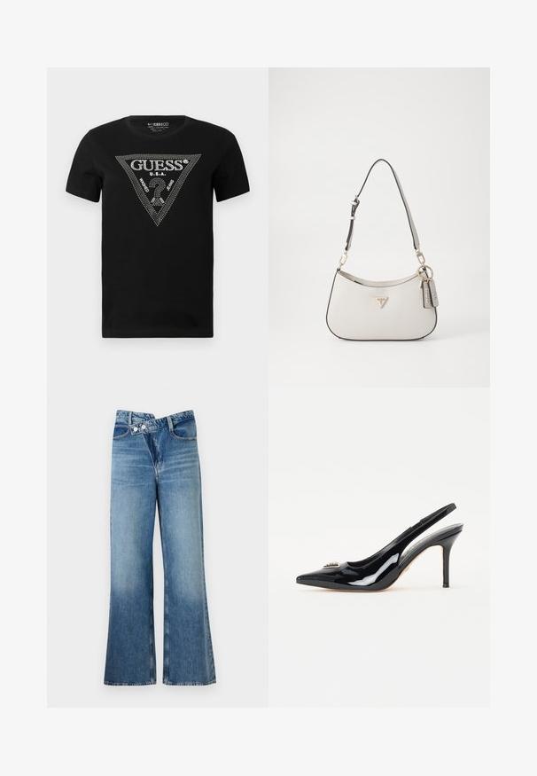 Schwarzes Baumwoll-T-Shirt mit einem Strass-Dreieck-Design und dem Text "GUESS" und "U.S.A.", Rundhalsausschnitt und kurzen Ärmeln.; Helle, blaue Jeans mit weit ausgestellt Bein und hoher Taille, ausgestattet mit zwei Knöpfen und vorderen Taschen. Der Stoff hat eine ausgewaschene Textur mit subtilen Variationen.; Schwarze Lackleder-Slingback-Pumps mit spitzer Zehenpartie, schlankem Stiletto-Absatz und dekorativer Verzierung auf dem Vorderblatt.; Weiße strukturierte Handtasche mit einer geschwungenen Form, goldenen Beschlägen, einem abnehmbaren Riemen und einem Logo-Detail. Enthält einen Schlüsselanhänger mit Branding.