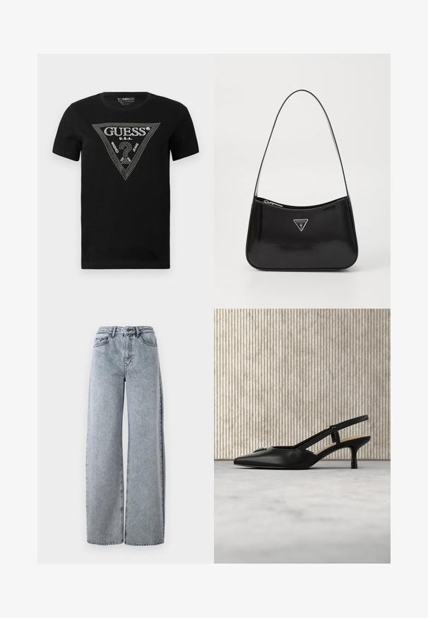 Schwarzes Baumwoll-T-Shirt mit einem Strass-Dreieck-Design und dem Text "GUESS" und "U.S.A.", Rundhalsausschnitt und kurzen Ärmeln.; Hellblaue Denim-Weitbeinjeans mit hohem Bund, ausgestattet mit Eingrifftaschen, Gürtelschlaufen und kontrastierenden Nähten.; Schwarzer Slingback-Pumps mit kitten-Absatz, spitzer Spitze und Metall-Logodetail, schwebend in der Nähe einer reflektierenden Oberfläche und eines Metallgestells mit Papieren.; Schwarze patentierte Leder-Schultertasche mit geschwungener Form, ausgestattet mit einem silbernen Dreieckslogo und einem Reißverschluss. Glatte Textur und schmaler Riemen.