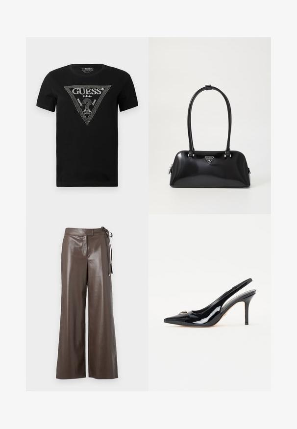 Sort bomulds t-shirt med et rhinestone trekantdesign med "GUESS" og "U.S.A." tekst, rund hals og korte ærmer.; Brune faux læder vide bukser med høj talje og sidesnor-detalje på hvid baggrund.; Sorte patenterede læderslingback hæle med spids tå, slank stiletto-hæl og dekorativ pynt på vampen.; Sort glanshandtaske med en buet silhuet, to håndtag og en frontlogo-plakette. Lynlås lukning og skinnende hardware-detaljer.