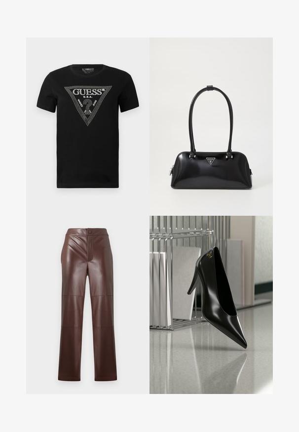 Camiseta de algodón negra con un diseño en forma de triángulo de cristal con el texto "GUESS" y "U.S.A.", cuello redondo y mangas cortas.; Pantalones de imitación cuero marrón con corte recto y textura suave. Presentan un cierre frontal con cremallera y botón, complementado con costuras en tono.; Zapato de tacón alto negro con punta afilada y logo dorado, colocado sobre una superficie reflectante cerca de un organizador de archivos de alambre cromado con documentos.; Bolso de mano negro brillante con una silueta curva, dos asas y una placa de logo en la parte frontal. Cierre de cremallera y acentos de hardware brillante.