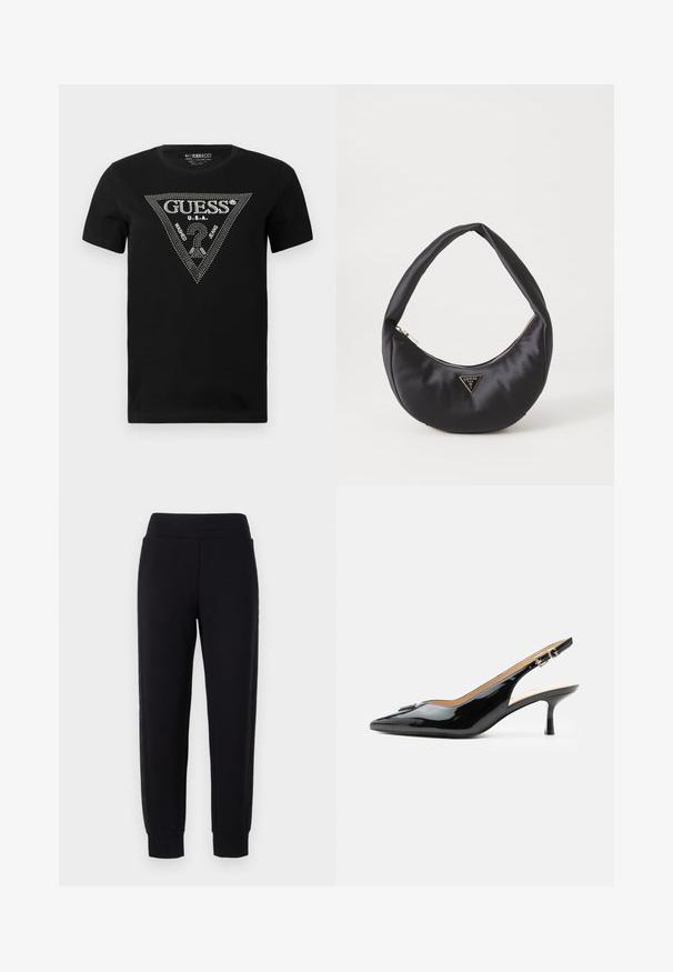 Camiseta de algodón negra con un diseño en forma de triángulo de cristal con el texto "GUESS" y "U.S.A.", cuello redondo y mangas cortas.; Pantalones deportivos negros con piernas ajustadas, que cuentan con una amplia cinturilla elástica y paneles laterales texturizados. Hechos de un material suave y elástico.; Tacón slingback de charol negro con puntera puntiaguda, tacón pequeño tipo kitten y correa con hebilla plateada sobre un fondo blanco liso.; Bolso de satén negro con forma curva, que cuenta con un cierre de cremallera y un logo triangular en metal en la parte delantera. Textura suave y diseño elegante.