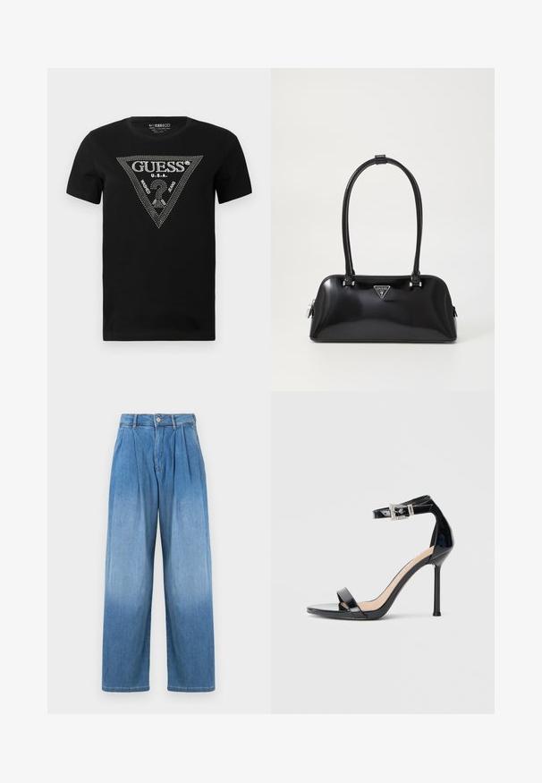 Zwarte katoenen t-shirt met een strass driehoekontwerp met de tekst "GUESS" en "U.S.A.", ronde hals en korte mouwen.; Lichtblauwe denim broek met een hoge taille, ontspannen wijde pijpen en voorkruimels. Voorzien van een knoop- en ritssluiting.; Zwarte sandalen met hoge hak van lakleer en een enkelriempje. Heeft een minimalistisch ontwerp, open teen en een gesp met strass-steentjes.; Zwarte glanzende handtas met een gebogen silhouet, twee handvatten en een logo plaatje aan de voorkant. Ritssluiting en glanzende hardware accenten.
