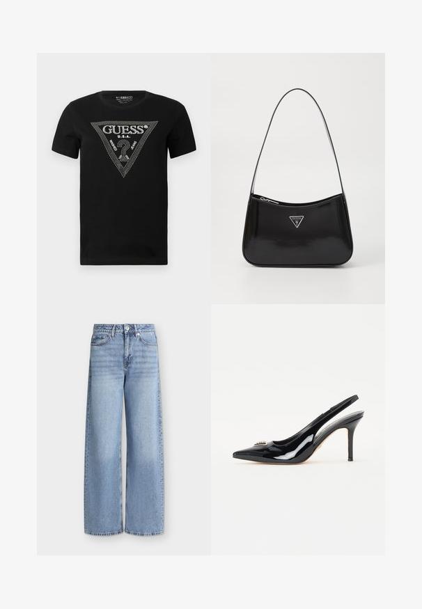 Camiseta de algodón negra con un diseño en forma de triángulo de cristal con el texto "GUESS" y "U.S.A.", cuello redondo y mangas cortas.; Vaqueros de pierna ancha azul claro con bolsillos delanteros, trabillas para cinturón, cierre de botones y detalles desgastados en los muslos.; Zapatos de tacón slingback de charol negro con punta afilada, tacón de stiletto delgado y adornos decorativos en la parte delantera.; Bolso de hombro de charol negro con forma curva, que presenta un logotipo triangular plateado y un cierre de cremallera. Textura suave y correa delgada.