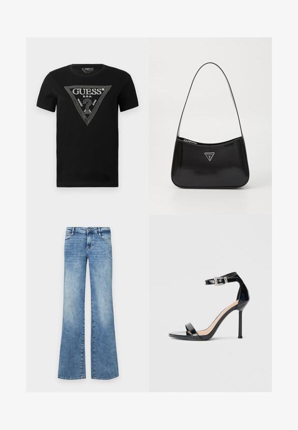 Sort bomulds t-shirt med et rhinestone trekantdesign med "GUESS" og "U.S.A." tekst, rund hals og korte ærmer.; Lyseblå flagrende jeans lavet af denim. Har en knaplukning, fem lommer og afslidt detaljer for et brugt udseende.; Sort højhælet sandal i laklæder med ankelrem. Har minimalistisk design, åben tå og spænde med rhinsten-detaljer.; Sort patenteret læder skuldertaske med en buet form, prydet med et sølvfarvet trekantet logo og en lynlås-lukning. Glat tekstur og slank rem.