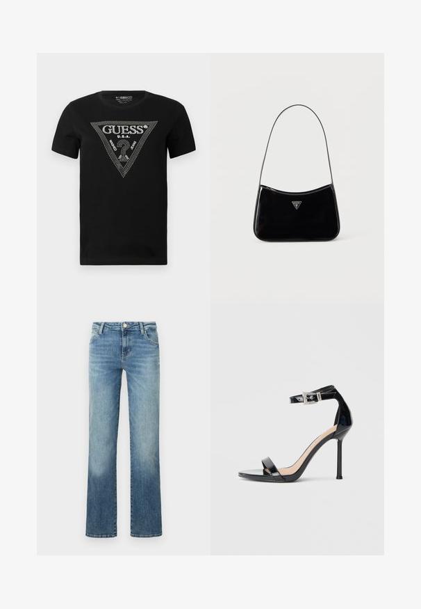 T-shirt en coton noir avec un design de triangle en strass portant le texte "GUESS" et "U.S.A.", col rond et manches courtes.; Jean droit bleu clair en denim, avec un design à cinq poches et fermeture par bouton, présentant un léger délavage.; Sandale à talon haut en cuir verni noir avec bride à la cheville. Présente un design minimaliste, un bout ouvert et une boucle ornée de strass.; Sac à bandoulière en cuir verni noir avec une sangle fine, logo triangulaire Guess sur le devant et une fermeture éclair supérieure.