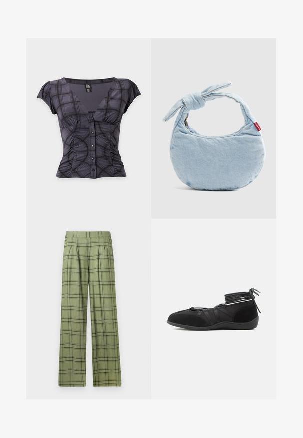 Blouse à manches courtes à carreaux gris foncé avec col en V, boutonnage devant, côtés froncés et manches volantées, taille petite.; Pantalons évasés verts avec un motif à carreaux noirs, une taille haute, des plis sur le devant et des poches latérales.; Chaussure plate noire avec brides autour de la cheville et détails en daim, conçue pour un ajustement sûr et un style minimaliste.; Sac à bandoulière en denim bleu clair avec un détail noué sur la poignée et une petite étiquette rouge Levi's sur le côté.
