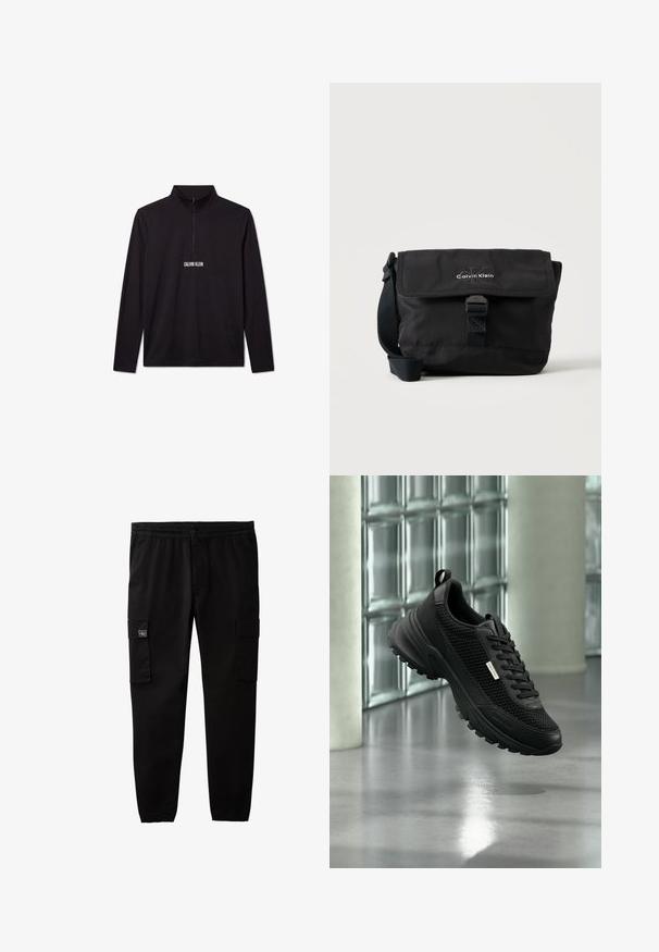 Jersey de manga larga negro de Calvin Klein con cremallera de cuarto y logo blanco impreso en el pecho.; Pantalones cargo negros con cintura y puños elásticos, cierre de botón y cremallera, y bolsillos con solapa en cada muslo.; Zapatilla deportiva negra con paneles laterales de malla y suela gruesa flotando en interiores cerca de bloques de vidrio y columnas sobre un suelo liso.; Bolso de hombro negro Calvin Klein con solapa frontal, cierre con hebilla y correa ajustable sobre fondo blanco.