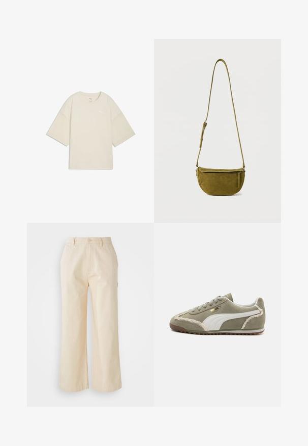 Camiseta de algodón beige claro con mangas cortas anchas y cuello redondo. Presenta un pequeño logo blanco en el pecho. Textura suave.; Pantalones de pierna ancha de color beige claro, hechos de algodón con una textura suave, que cuentan con un cierre frontal de botón y bolsillos laterales.; Zapatillas de ante verde con acentos de cuero blanco, costuras texturizadas, parte frontal con cordones y suela de goma. Presenta detalles de diseño únicos a lo largo de los lados.; Bolso bandolera de ante verde oliva con correa ajustable y bolsillo frontal con cremallera sobre fondo blanco liso.