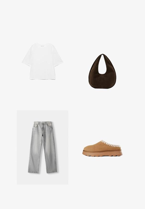 Hvid oversize T-shirt med korte ærmer og rund hals, ensfarvet design og skuldersømme, der er sænket, på hvid baggrund.; Lys grå denim jeans med lige pasform, der har to frontlommer, en knappelukning og diskrete slidser for tekstur.; Brune ruskind slip-on sko med en tekstureret overdel, der har dekorativ beige syning langs kanten og en tykk gummisål.; Mørkebrun ruskind skuldertaske formet som en halvmåne med en bred rem og glat tekstur på en hvid baggrund.