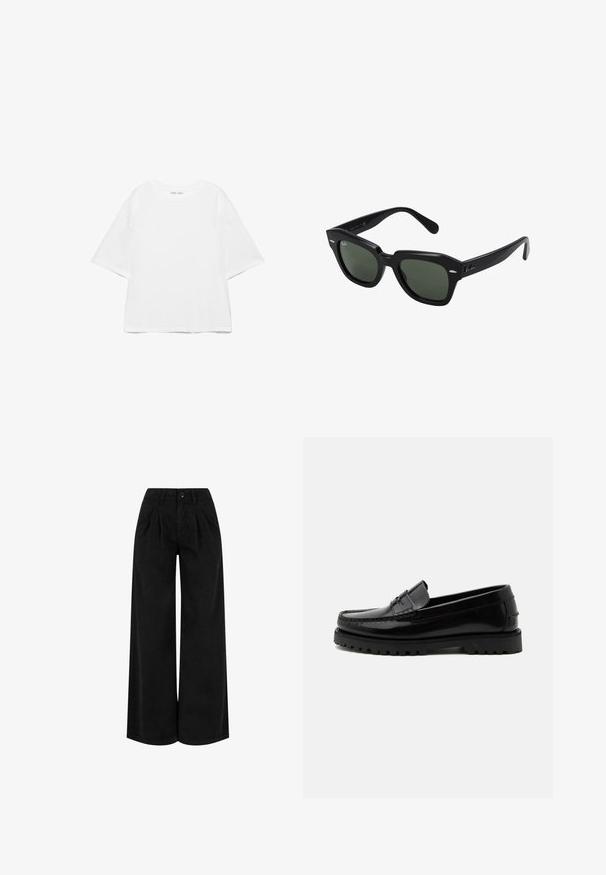 Hvid oversize T-shirt med korte ærmer og rund hals, ensfarvet design og skuldersømme, der er sænket, på hvid baggrund.; Sorte bukser med høj talje og vide ben med forreste plisseringer, knaplukning og bæltestropper, vist mod en hvid baggrund.; Sort skinnende læderloafer med kraftig rillesål og pennyrem, vist fra siden på en ensfarvet lys baggrund.; Sorte firkantede solbriller med mørkegrønne linser, der har kraftige stel og sølvdetaljer på siderne. Fremstillet i Italien.