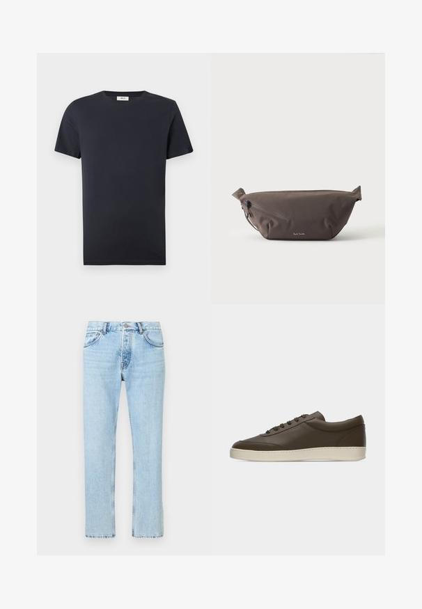 T-shirt noir uni à manches courtes et col rond, avec une petite étiquette blanche à l'intérieur du col, sur fond blanc.; Jean en denim bleu clair à coupe droite, doté d'un design à cinq poches, de passants pour ceinture et d'une braguette zippée avec une fermeture par bouton en métal.; Baskets basses en cuir marron foncé avec lacets sur le devant et semelle en caoutchouc couleur crème, vues de côté extérieur sur fond blanc.; Sac banane en tissu marron foncé avec poche zippée en diagonale et petit logo blanc sur le devant, sur un fond clair uni.