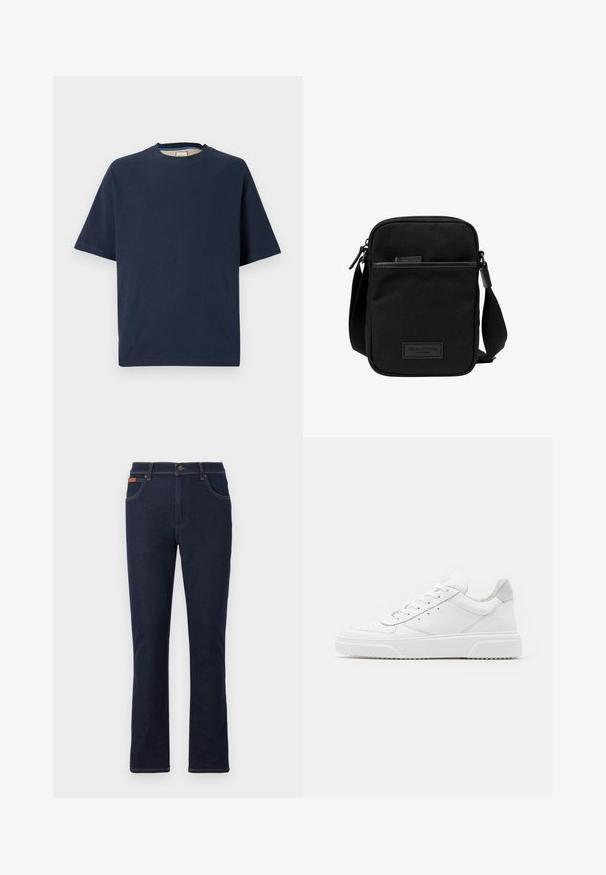 Navyblauwe T-shirt met korte mouwen van katoenen stof, met een ronde hals en rechte zoom. Glad textuur zonder zichtbare patronen of accenten.; Donkerblauwe jeans met rechte pijpen, een voorste knoop en rits, voor- en achterzakken en bruine stikseldetails.; Witte leren sneakers met een gladde afwerking, ronde neus, platte veters en een gestructureerde zool. Grijze suède accent bij de hiel.; Zwarte stoffen crossbody tas met een ritssluiting hoofdcompartiment, leren accenten, een voorkantvak en een verstelbare band. Marc O'Polo logo zichtbaar.