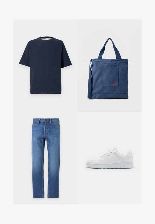 Camiseta de manga corta azul marino de tela de algodón, con escote redondo y dobladillo recto. Textura suave sin patrones o acentos visibles.; Jeans de mezclilla azul con corte recto, diseño clásico de cinco bolsillos, costuras de cobre y un acabado deslavado para un aspecto usado.; Zapatillas blancas hechas de material sintético liso, con cordones planos, puntera perforada y suela de goma con un patrón de agarre texturizado.; Bolso tote de lona azul con bolsillo frontal y bordado rojo "O.N.S", con asas dobles y una correa ajustable para el hombro.