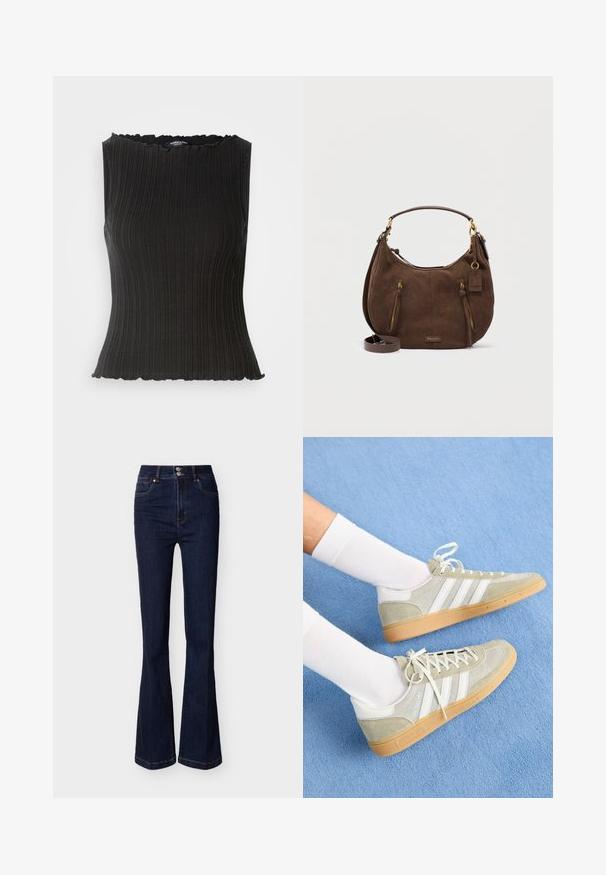 Sort ærmeløs top med ribbet struktur, bølget udskæring og tætsiddende design. Fremstillet af strækbart stof for komfort.; Mørkeblå, højtaljede denimjeans med vide ben, forlommer og dobbelt knaplukning i taljen.; Lys grå ruskinds sneakers med hvide gummidetaljer, der har tre hvide striber og en gummisål, båret med hvide sokker på en blå baggrund.; Brun ruskind hobo håndtaske med to lynlåslommer foran, guldfarvet hardware, topstrop, aftagelig skulderrem og et lille rektangulært mærke.