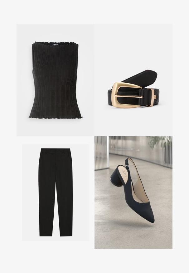 Haut noir sans manches avec texture côtelée, encolure festonnée et coupe ajustée. Confectionné dans un tissu extensible pour plus de confort.; Pantalon noir au design ajusté, doté de poches latérales et d'une jambe droite. Fabriqué en tissu lisse et léger avec une finition élégante.; Escarpin noir à talon haut et bride arrière, avec un bout pointu, une texture lisse et un accent en métal sur le talon, doté d'une petite boucle réglable.; Ceinture en cuir noir avec une boucle rectangulaire en or. La ceinture a une texture lisse et un subtil détail de couture le long des bords.