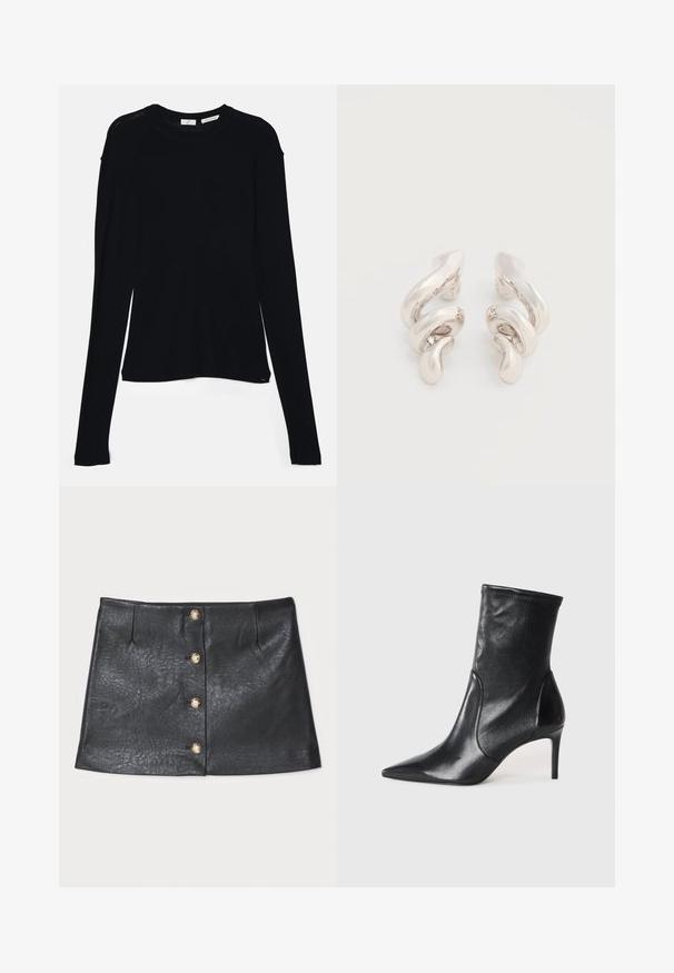 Haut noir à manches longues en tissu doux, avec un col rond et une coupe décontractée, doté de fentes sur les côtés à l'ourlet pour faciliter les mouvements.; Mini jupe en cuir noir avec un design élégant, fermeture à bouton frontale avec des accents dorés, et une surface texturée avec un léger éclat.; Bottes noires à la cheville en cuir lisse, dotées d'un bout pointu, d'un tige ajustée et d'un talon haut fin. Design minimaliste sans quincaillerie visible.; Boucles d'oreilles clips en métal argenté torsadé avec une finition lisse et brillante, présentant un design moderne et abstrait en spirale.