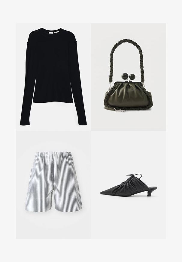 Sort langærmet bluse lavet af blødt stof, med rund halsudskæring og en afslappet pasform med sideslids i kanten for nem bevægelse.; Stribede shorts i navy og hvid bomuld, med elastisk talje og afslappet pasform. Midt lår længde med diskrete stingdetaljer.; Sorte læder slip-on mules med spids tå, samlet tekstur og en lille kitten heel. Har en snor-detalje ved åbningen.; Olivengrøn læderhåndtaske med flettet håndtag og sølvhardware, med en samlet design og runde låsedetaljer på toppen.