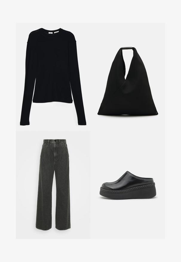 Sort langærmet bluse lavet af blødt stof, med rund halsudskæring og en afslappet pasform med sideslids i kanten for nem bevægelse.; Goldsign THE EDGAR TROUSER - Wide leg - vaughn; Sorte blanke klodser med platform, rund tå, buet overdelen og kontrasterende hvid sting langs kanten af sålen.; Sort stof tote bag med et unikt V-formet design og en glat overflade. Har et kort håndtag med minimalistisch hardware detaljer.