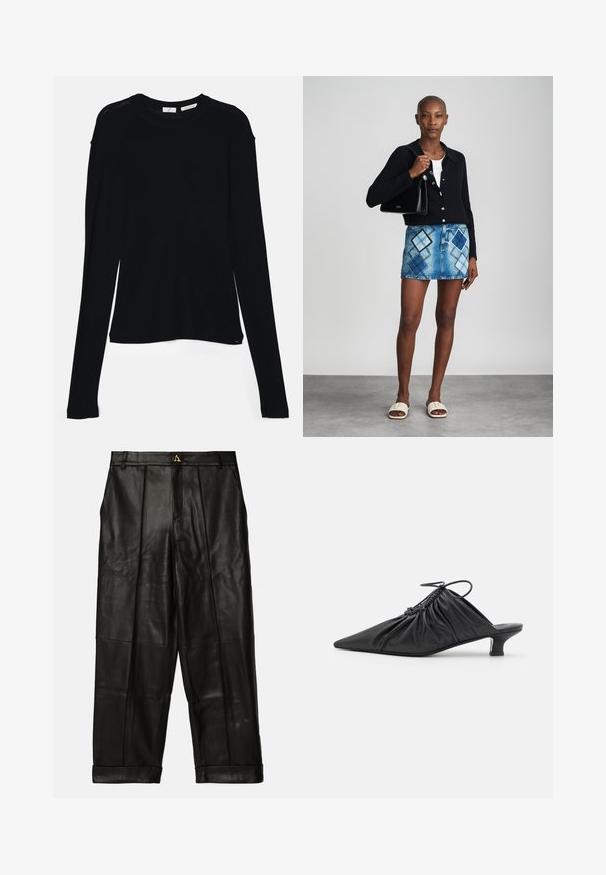 Haut noir à manches longues en tissu doux, avec un col rond et une coupe décontractée, doté de fentes sur les côtés à l'ourlet pour faciliter les mouvements.; AERON ZIMA PANTS - Pantalon en cuir - black; Mules noirs en cuir à enfiler avec un bout pointu, une texture froncée et un petit talon aiguille. Présente un détail à cordon au niveau de l'ouverture.; Un cardigan en maille noir, un haut blanc, une jupe en denim avec un motif de diamants bleus et noirs, un sac à main noir et des sandales à enfiler beiges.