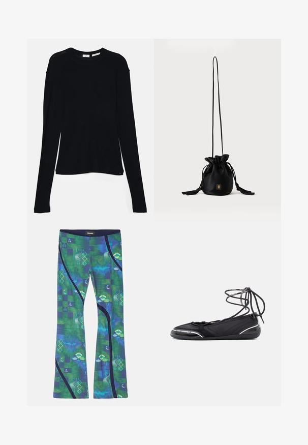 Haut noir à manches longues en tissu doux, avec un col rond et une coupe décontractée, doté de fentes sur les côtés à l'ourlet pour faciliter les mouvements.; Leggings en tissu extensible multicolore avec des motifs verts et bleus, des formes géométriques et des accents bleu foncé sur les côtés.; Ballerines noires avec une tige texturée et un design à lacets. Accents argentés remarquables et semelle en caoutchouc souple pour plus de flexibilité.; Sac seau noir à cordon avec une longue sangle fine et un petit logo carré doré sur le devant, présenté sur un fond uni.