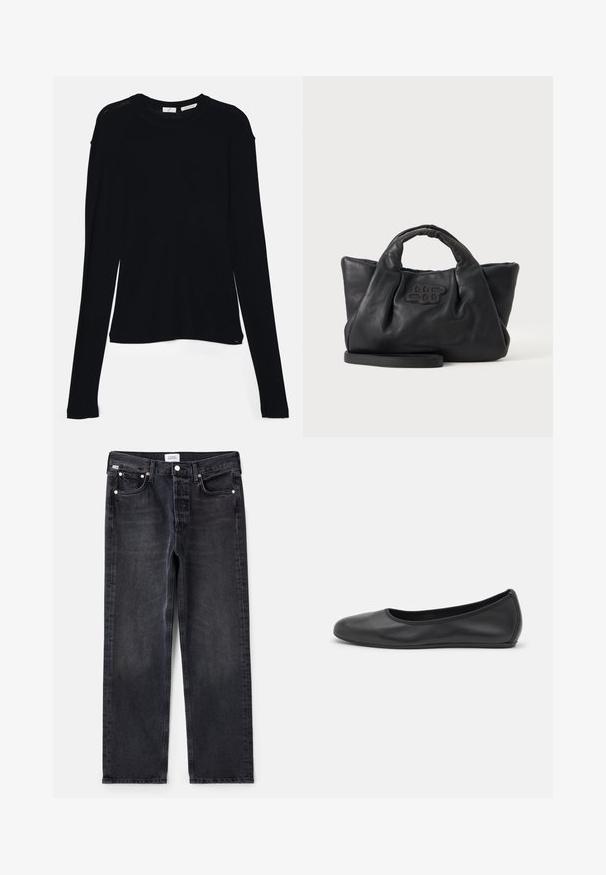Haut noir à manches longues en tissu doux, avec un col rond et une coupe décontractée, doté de fentes sur les côtés à l'ourlet pour faciliter les mouvements.; Jean en denim noir avec une coupe droite, cinq poches, quincaillerie en argent et une texture légèrement décolorée. Design classique avec un minimum de détails.; Ballerines en cuir noir avec un bout rond, texture lisse, détails de couture minimalistes et design de semelle flexible.; Sac à main en cuir souple noir avec de courtes poignées, une bandoulière amovible et un logo cousu à l'avant, sur un fond uni clair.