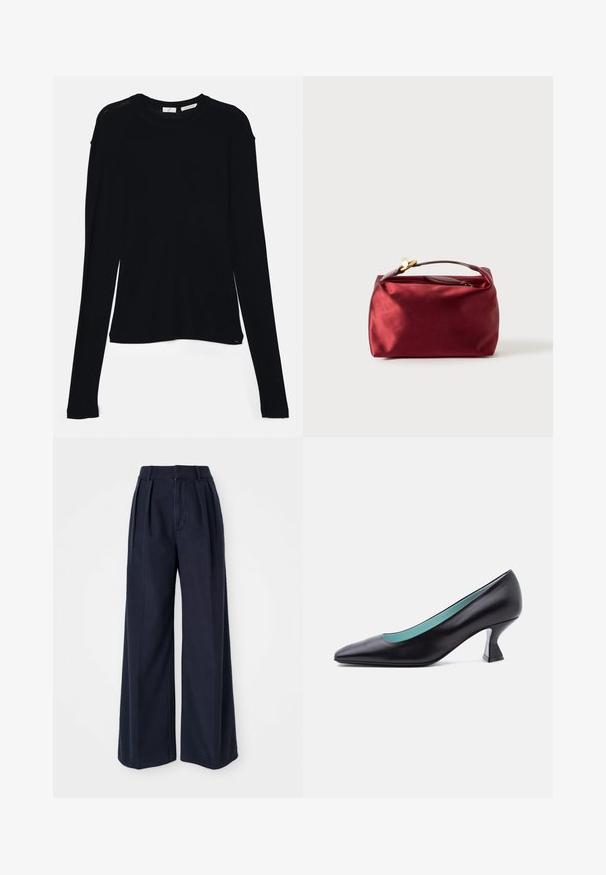 Haut noir à manches longues en tissu doux, avec un col rond et une coupe décontractée, doté de fentes sur les côtés à l'ourlet pour faciliter les mouvements.; Un pantalon large bleu marine en coton, avec des plis à l'avant, une taille haute et une fermeture éclair avec un bouton.; Escarpin en cuir noir à bout pointu avec un petit talon bloc de forme unique et une doublure intérieure bleu clair, présenté sur un fond blanc uni.; Trousse de maquillage en satin bourgogne de forme rectangulaire, avec fermeture éclair et une poignée courte. Présente un design minimaliste et une texture lisse.
