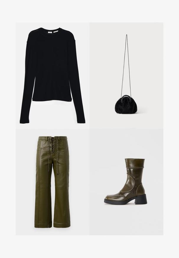Haut noir à manches longues en tissu doux, avec un col rond et une coupe décontractée, doté de fentes sur les côtés à l'ourlet pour faciliter les mouvements.; Pantalons larges en cuir vert olive avec une finition texturée, dotés d'un devant à lacets et de solides accents en métal noir.; Bottine en cuir vert olive avec un bout arrondi, un panneau élastique et un talon épais noir. Texture lisse et détails de couture subtils.; Petit sac à main noir en fausse fourrure avec poignées tressées sur le dessus et longue bandoulière fine sur fond uni.