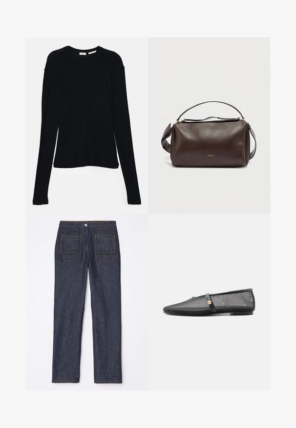 Sort langærmet bluse lavet af blødt stof, med rund halsudskæring og en afslappet pasform med sideslids i kanten for nem bevægelse.; Mørkeblå denimjeans med lige ben-design, der har to baglommer og kontrasterende orange syninger.; Sort flad sko med lav hæl, mesh-overdel og tynd rem med guldknapdetalje over fodens vrist.; Brun skuldertaske i læder med et struktureret design, der har et gyldent logo, en lynlåslukning øverst og en aftagelig rem. Glat tekstur.
