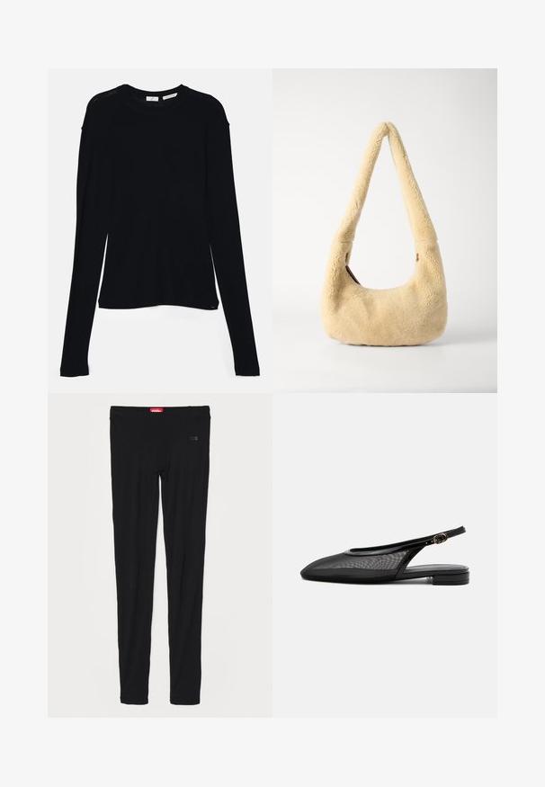 Schwarzes Langarmoberteil aus weichem Stoff, mit rundem Ausschnitt und lässiger Passform, seitlichen Schlitzen am Saum für mehr Bewegungsfreiheit.; Schwarze Leggings aus glattem Stoff, mit einem hohen Bund und dezentem Branding auf der Vorderseite. Die Leggings haben eine schmale, figurbetonte Passform.; Schwarzer Slingback-Flachschuh mit spitzer Kappe, Mesh-Obermaterial, verstellbarem Schnallenriemen und niedrigem Blockabsatz auf weißem Hintergrund.; Beige Shearling Schultertasche mit einem gebogenen Griff und einer runden Form. Die Textur ist weich und plüschig, mit minimalen Hardware-Akzenten.