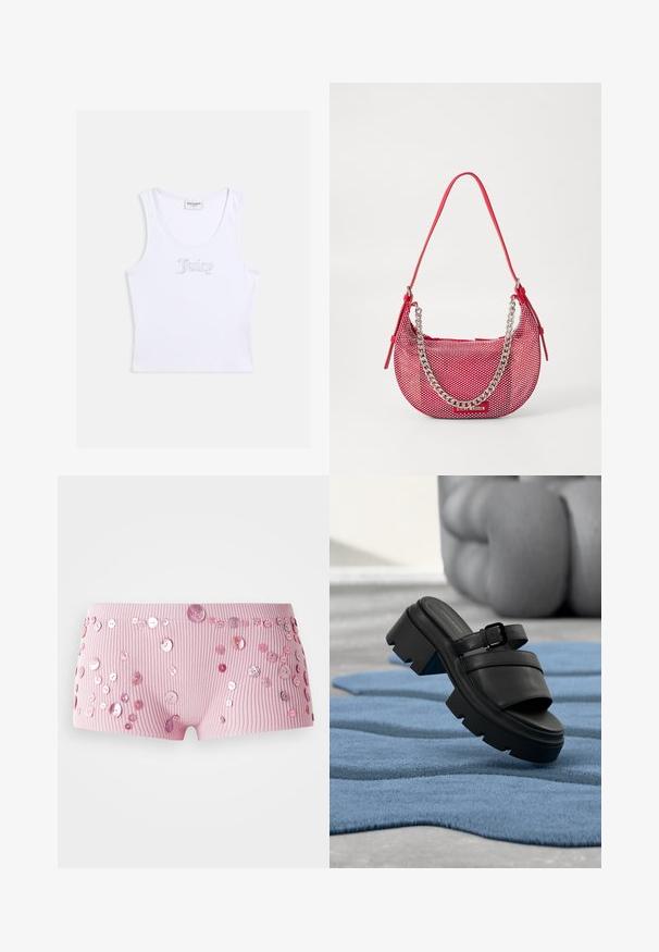 Hvid rødstrikket ærmeløs crop top med rund halsudskæring og "Juicy" skrevet med rhinsten på brystet.; Lyserøde ribbede shorts prydet med forskellige størrelser af skinnende lyserøde knapper spredt over stoffet.; Sort sandal med chunky hæl og spænde, der svæver over et tekstureret blåt tæppe, med slørede bøjede ben i baggrunden.; Rød perforeret håndtaske med en buet form, der har en sølv kædeaccent og en matchende skulderrem. Logo vist på fronten.
