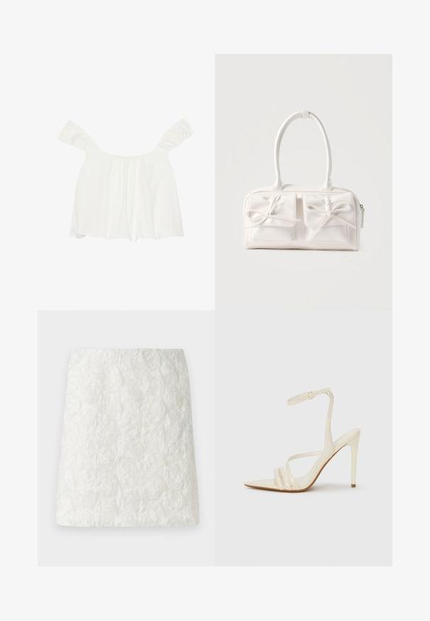 Top blanco sin hombros con mangas acampanadas, hecho de una tela suave. Presenta detalles fruncidos en la parte frontal y tiene un corte holgado.; Mini falda blanca con superficie texturizada y patrones florales en relieve que se asemejan a rosas, hecha de tela ligera.; Sandalias de tacón alto beige con punta estrecha, que cuentan con tres tiras frontales y una tira delgada en el tobillo con hebilla. Textura lisa, diseño minimalista.; Bolso sintético blanco con dos bolsillos delanteros, cada uno con un detalle de lazo atado. Textura suave, asas redondeadas y cierre de cremallera.