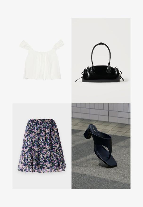 Top blanco sin hombros con mangas acampanadas, hecho de una tela suave. Presenta detalles fruncidos en la parte frontal y tiene un corte holgado.; Falda floral con cintura elástica. Presenta un fondo azul marino oscuro con patrones de flores en rosa, blanco y verde. Tela ligera y fluida.; Sandalia negra de tacón con puntera cuadrada y tiras anchas, colocada sobre asfalto gris cerca de una pared con azulejos.; Pequeño bolso negro brillante con dos asas largas y detalles de cordón lateral sobre un fondo claro liso.
