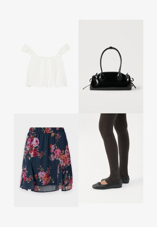 Hvid off-shoulder top med rynkede ærmer, lavet af blødt stof. Har samlet detalje foran og en løs pasform.; Blomstret nederdel i marine blåt stof med lyserøde, røde og orange blomster. Har elastisk talje og en udvidet design med sideskår.; Ben iført mørke ribbede leggings kombineret med sorte balletsko med små sløjfedetaljer på hvid baggrund.; Lille sort blank håndtaske med to lange håndtag og snøre-detaljer i siden på en ensfarvet lys baggrund.