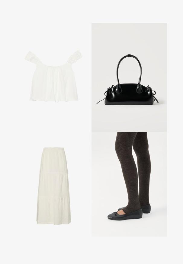 Hvid off-shoulder top med rynkede ærmer, lavet af blødt stof. Har samlet detalje foran og en løs pasform.; Hvid, lagdelt maxiskørt lavet af let, struktureret stof med elastisk talje. Har tre forskellige stofsektioner.; Ben iført mørke ribbede leggings kombineret med sorte balletsko med små sløjfedetaljer på hvid baggrund.; Lille sort blank håndtaske med to lange håndtag og snøre-detaljer i siden på en ensfarvet lys baggrund.