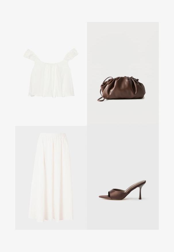 Hvid off-shoulder top med rynkede ærmer, lavet af blødt stof. Har samlet detalje foran og en løs pasform.; Lang nederdel med elastisk talje i lys creme, flydende stof, A-line silhuet, uden mønstre eller udsmykninger, længde til midt på læggen.; Brune satin åben tå mule med en mellemhøj slank hæl og slip-on design på en ensfarvet hvid baggrund.; Blød brun læderpung med samlet top og tynd strop, hvilende på hvid baggrund.