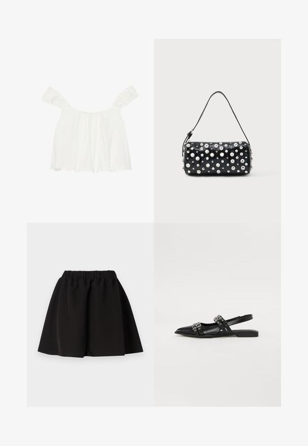 Hvid off-shoulder top med rynkede ærmer, lavet af blødt stof. Har samlet detalje foran og en løs pasform.; Sort nederdel med elastik i taljen, A-formet silhuet og knælængde, ensfarvet design, vist fladt mod hvid baggrund.; Even&Odd by Zalando Slingback-ballerinasko - black; Sort læderhåndtaske med rund form, dekoreret med sølvnitter. Har en aftagelig rem og lynlås. Glat tekstur.
