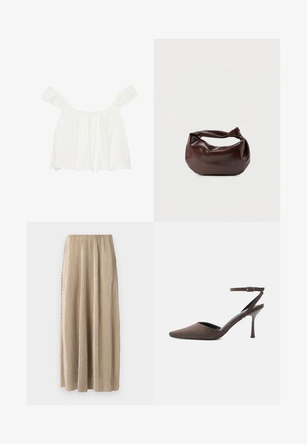 Hvid off-shoulder top med rynkede ærmer, lavet af blødt stof. Har samlet detalje foran og en løs pasform.; Plisseret beige midi-skjørt med elastisk talje, der har lodrette striber og en flydende silhuet for nem bevægelse.; Brun ruskindspointetrukket højhælet sko med tynd ankelrem og sølvspænde på hvid baggrund.; Mørkebrun læder skuldertaske med en blød, afslappet form og et snoet knudehåndtag på en ensartet hvid baggrund.