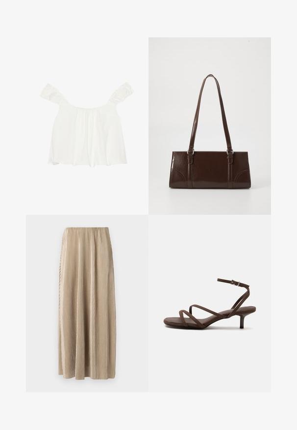 Hvid off-shoulder top med rynkede ærmer, lavet af blødt stof. Har samlet detalje foran og en løs pasform.; Plisseret beige midi-skjørt med elastisk talje, der har lodrette striber og en flydende silhuet for nem bevægelse.; Brun højhælet sandal med tynde krydsede stropper og en ankelrem med en sølvspænde på en hvid baggrund.; Brun lakeret håndtaske med rektangulær form, to lange håndtag og subtile buede detaljer på fronten.