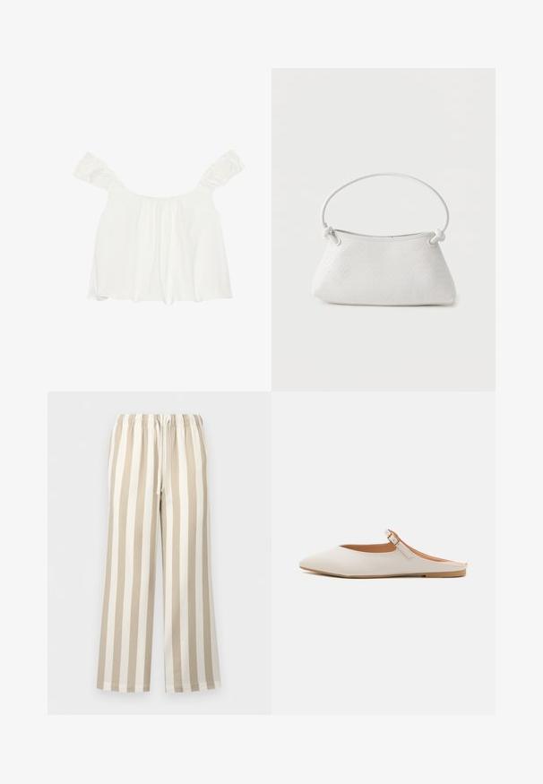 Haut blanc à épaules dénudées avec des manches volants, fabriqué en tissu doux. Présente des détails froncés à l'avant et une coupe ample.; Pantalon large beige et blanc à rayures verticales avec taille élastique et cordon de serrage.; Mule en cuir blanc avec un embout pointu et une petite bride de cheville. Présente une semelle intérieure brun clair et une semelle en caoutchouc beige. Texture lisse.; Sac à main en cuir tressé blanc avec poignée arrondie et extrémités de lanière nouées, présenté sur un fond uni.