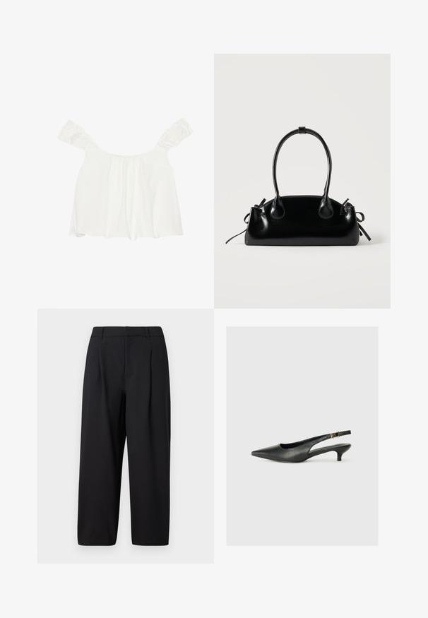 Haut blanc à épaules dénudées avec des manches volants, fabriqué en tissu doux. Présente des détails froncés à l'avant et une coupe ample.; Pantalon noir avec une coupe décontractée, devant plissé, taille plate et texture lisse. Coupé à une longueur raccourcie, adapté pour un usage formel ou décontracté.; Chaussure slingback noire à bout pointu en cuir lisse. Présente un talon fin et un détail de boucle sur la sangle réglable.; Petit sac à main noir brillant avec deux longues anses et des détails à cordon sur les côtés sur un fond clair uni.