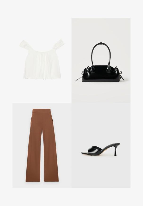 Hvid off-shoulder top med rynkede ærmer, lavet af blødt stof. Har samlet detalje foran og en løs pasform.; Brune bukser med bred benvidde fremstillet af et glat, strækbart stof. De har en høj talje og sidelommer, designet til en afslappet pasform.; Sorte læder højhælede mules med open-toe design og en bred, buet overdel. Glat tekstur og slank silhuet.; Lille sort blank håndtaske med to lange håndtag og snøre-detaljer i siden på en ensfarvet lys baggrund.