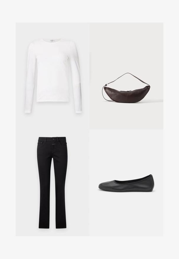 Weißes Langarm-T-Shirt aus weicher Baumwolle, mit rundem Halsausschnitt und schmalem Schnitt, sauberen Nähten und ohne sichtbare Muster.; Schwarze Jeans aus Denim, mit einer figurbetonten Passform, Knopfverschluss und traditionellem Fünf-Taschen-Stil. Glatte Textur mit leichtem Stretch.; Schwarze Leder-Ballettschuhe mit abgerundeter Spitze, glatter Textur, minimalen Nähdetails und einem flexiblen Sohlen-Design.; Dunkelbraune Leder-Schultertasche in Halbmondform mit gebogenem Riemen und sichtbarer Naht auf schlichtem Hintergrund.