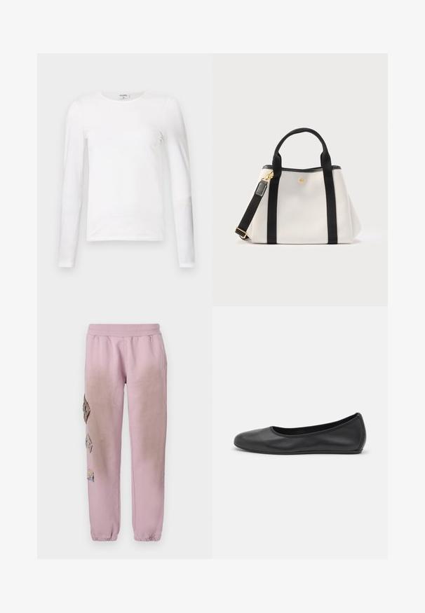 Hvid langærmet t-shirt lavet af blødt bomuld, med en rund halsudskæring og en slim fit design med rene sømme og uden synlige mønstre.; Lyserøde sweatpants med elastisk talje, prydet med dekorative patches i diamantform på venstre side og elastiske manchetter ved anklerne.; Sort læderballetsko med rund tå, glat tekstur, minimal syning og et fleksibelt såldesign.; Hvid håndtaske med sorte håndtag og aftagelig skulderrem, guldfarvet hardware og lille rund logo i midten foran.