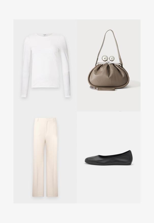 T-shirt blanc à manches longues en coton doux, avec un col rond et une coupe ajustée, présentant des coutures propres et sans motifs visibles.; Pantalons beige ajustés avec une coupe droite, fabriqués en tissu léger. Dotés de plis avant et d'une taille classique.; Ballerines en cuir noir avec un bout rond, texture lisse, détails de couture minimalistes et design de semelle flexible.; Sac à main en cuir gris de forme arrondie, fermeture supérieure avec deux grandes sphères argentées, et une seule anse.