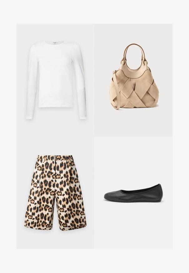 Camiseta de manga larga blanca, hecha de algodón suave, que presenta un escote redondo y un diseño ajustado con costuras limpias y sin patrones visibles.; Pantalones cortos con estampado de leopardo que presentan una mezcla de tonos beige y negro, diseño con pliegues y bolsillos laterales. Fabricados en una tela suave con un acabado brillante.; Bailarina de piel negra con punta redondeada, textura suave, detalle de costura minimalista y diseño de suela flexible.; Bolso de ante beige con diseño tejido, asas superiores redondas y una correa de hombro desmontable; detalles en cuero liso en la parte superior.
