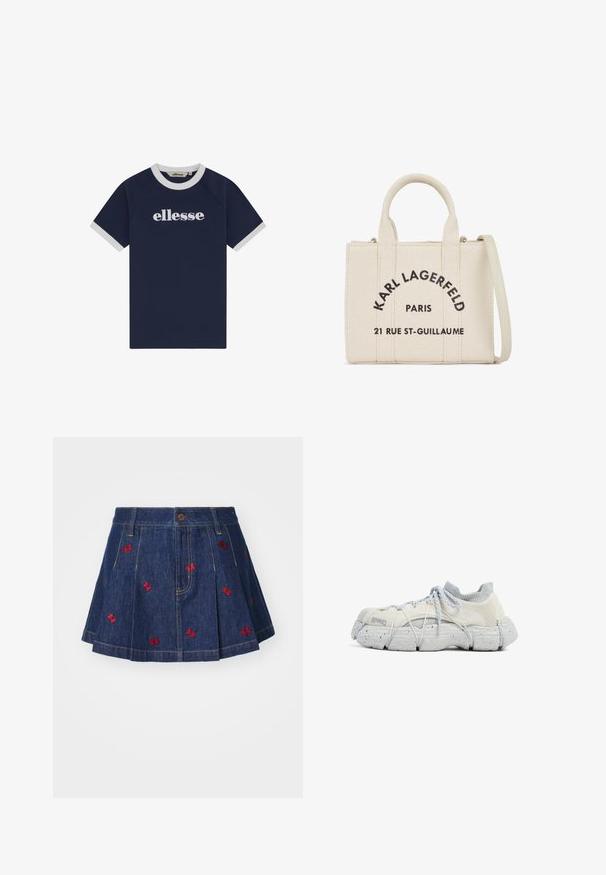 Camiseta azul marino de manga corta con cuello y puños blancos, con el logo "ellesse" centrado en el pecho en texto blanco.; Falda de mezclilla con pliegues y un lavado oscuro, con detalles de mariposas bordadas en rojo y un clásico diseño de cinco bolsillos con cierre de botón frontal.; Zapatilla blanca y gris con parte superior de malla, suela de goma texturizada y un sistema de cordones prominente con acentos grises y speckles negros.; Bolso de lona en color crema con texto de logo negro, forma estructurada, dos asas cortas y correa larga desmontable para un transporte versátil.