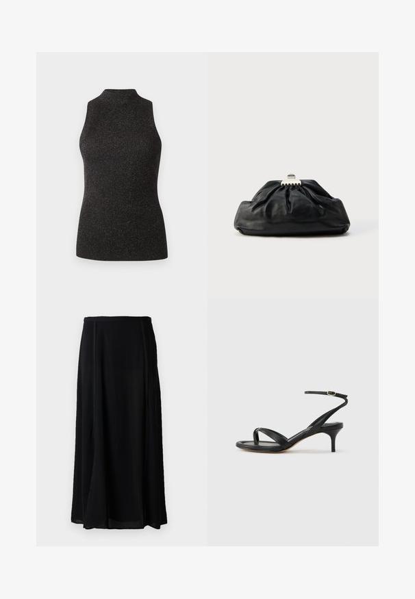 CLOSED SLEEVELESS - Top - black; Zwarte maxi rok van lichtgewicht materiaal, met een vloeiende uitstraling, in een effen zwarte kleur, en subtiele zijnaaddetails.; Zwarte leren dames sandaal met dunne bandjes, een teengreep, een enkelgesp en een stilettohak van gemiddelde hoogte op een neutrale achtergrond.; Zwarte leren clutch met een geplooide textuur, metalen sluiting en een subtiel geperst logo aan de voorkant. Afgeronde vorm.